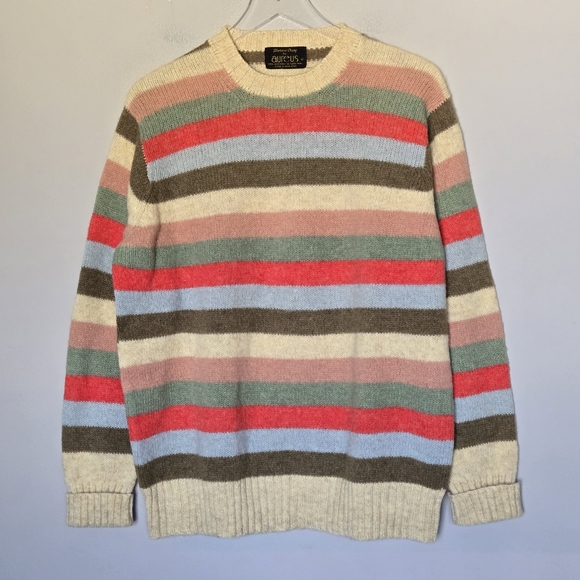 Vintage 80s 90s 100% Scottish Shetland Wool Stripe Sweater Hong Kong 46 - Picture 1 of 8